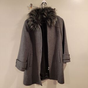 ZARA Gray Wool Coat Faux Fur Size Small Full Zipper